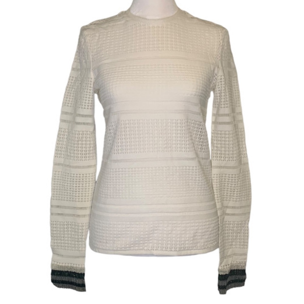 Tibi White‎ Eyelet Semi-Sheer Long Sleeve Top W/Sparkly Shimmer Striped Cuffs 6